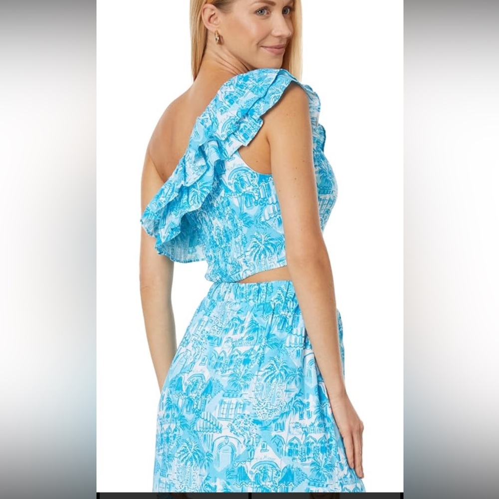 Lilly Pulitzer Kasida Ruffle One Shoulder Top/Skirt Set Blue/White Size 2 EUC - Picture 6 of 6